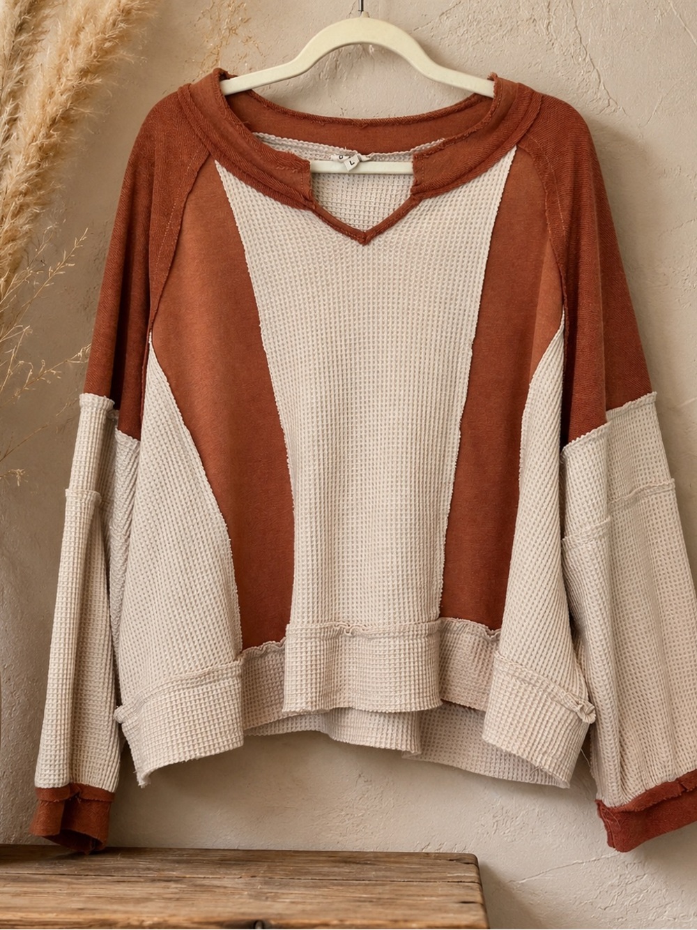 POL Cream Waffle V-Neck Top with Desert Rose Trim